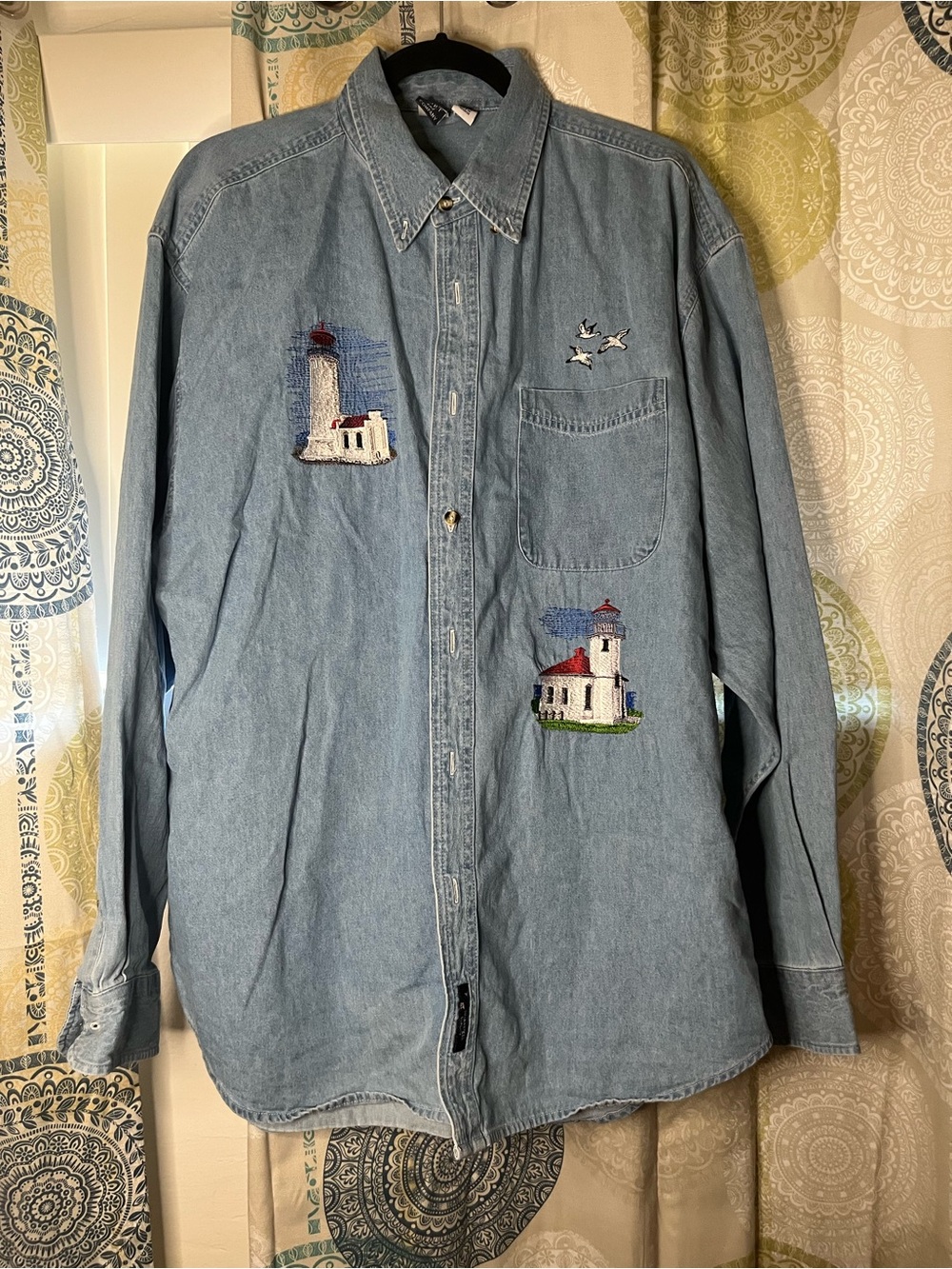 Port and Company Light Blue Denim Shirt Jacket with Lighthouse Embroidery